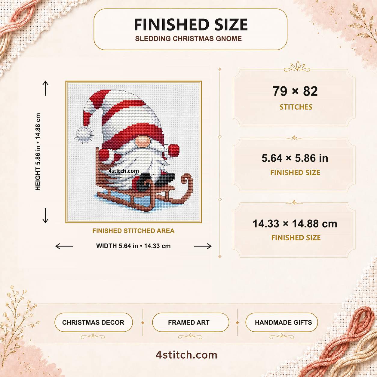 Finished size of the Sledding Christmas Gnome: 79 by 82 stitches, 5.64 by 5.86 inches or 14.33 by 14.88 centimeters on 14-count Aida.