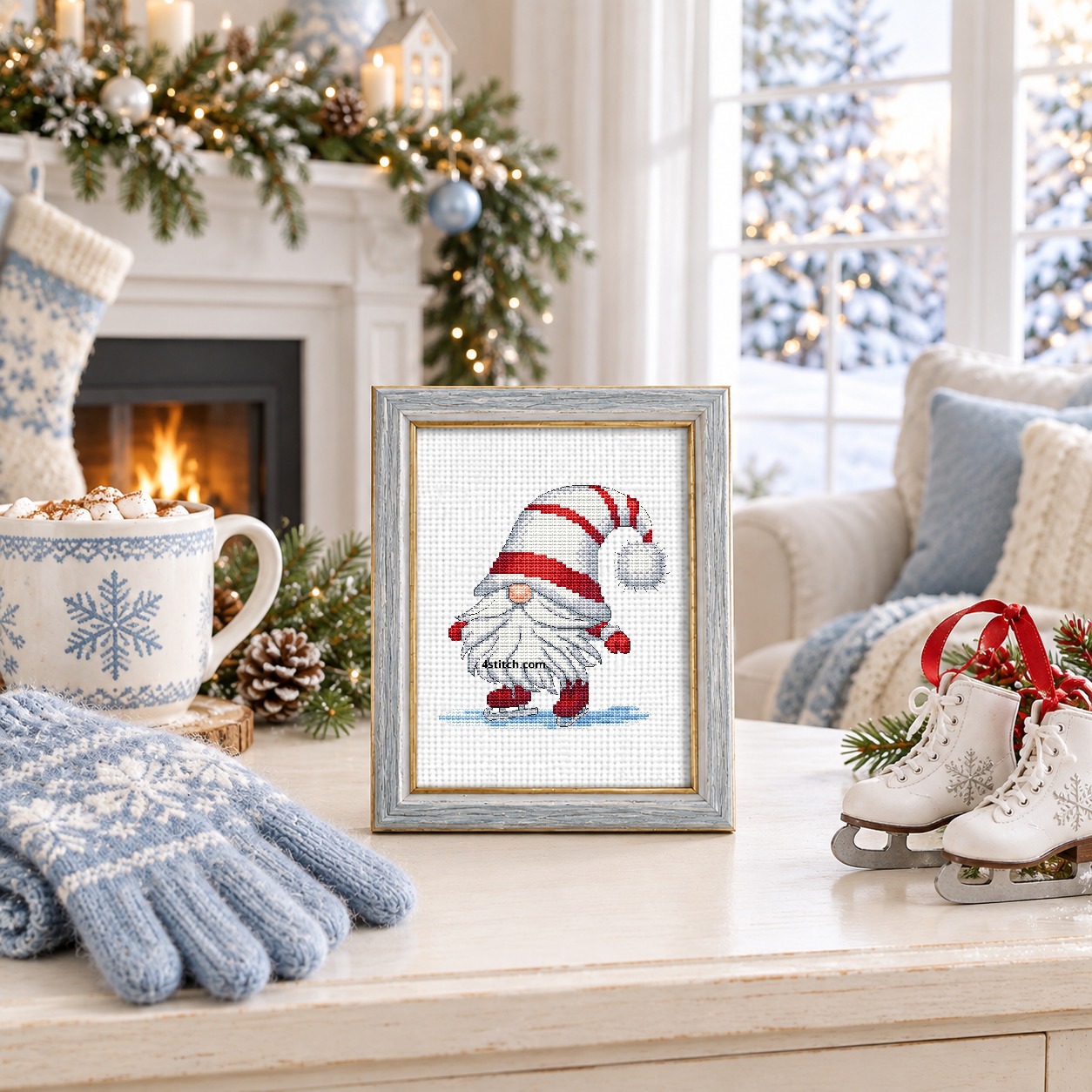 Ice Skating Christmas Gnome with a striped-hat gnome gliding in red ice skates across a snowy blue surface, on white Aida in a silver-blue frame in a light winter living room.
