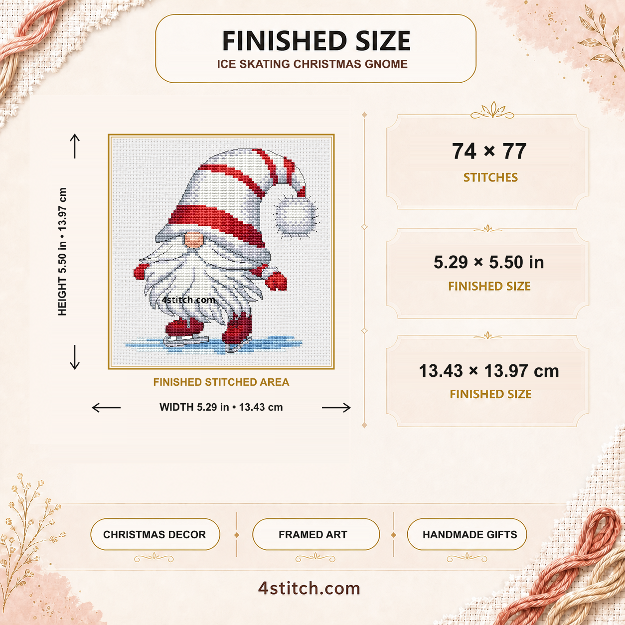 Finished size of the Ice Skating Christmas Gnome: 74 by 77 stitches, 5.29 by 5.50 inches or 13.43 by 13.97 centimeters on 14-count Aida.