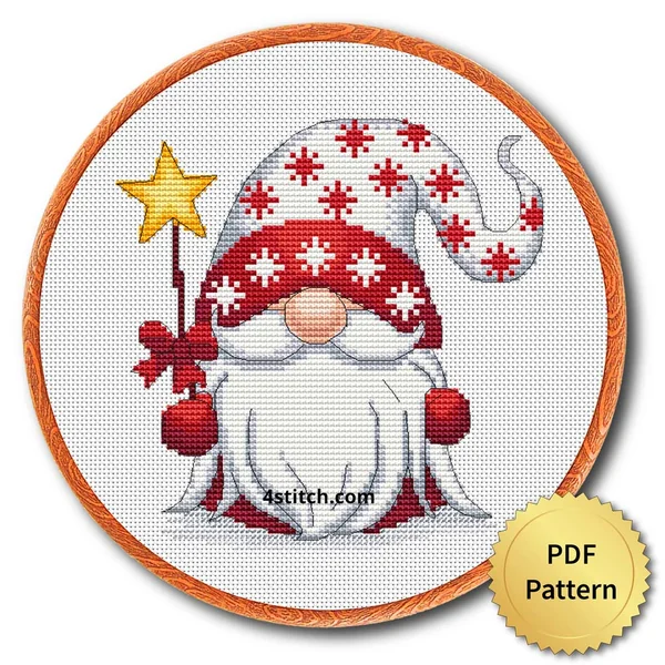 Christmas Star Gnome Cross Stitch Pattern shown as finished cross stitch in an embroidery hoop with a gold PDF Pattern medal.