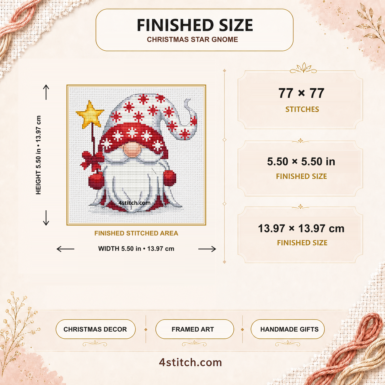 Finished size of the Christmas Star Gnome: 77 by 77 stitches, 5.50 by 5.50 inches or 13.97 by 13.97 centimeters on 14-count Aida.