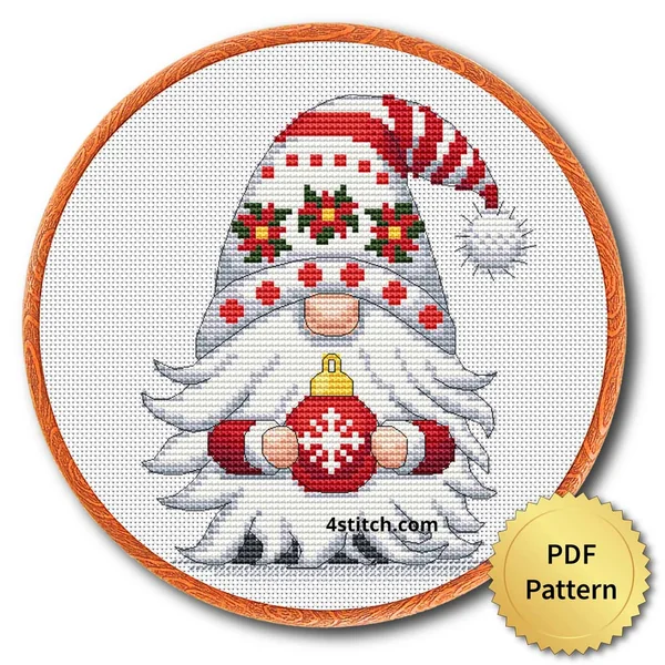 Christmas Bauble Gnome Cross Stitch Pattern shown as finished cross stitch in an embroidery hoop with a gold PDF Pattern medal.