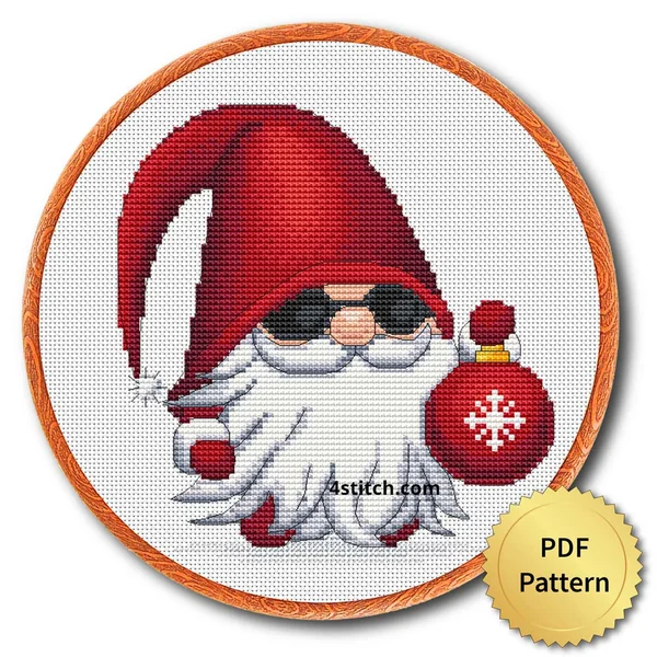 Santa Bauble Gnome Cross Stitch Pattern shown as finished cross stitch in an embroidery hoop with a gold PDF Pattern medal.