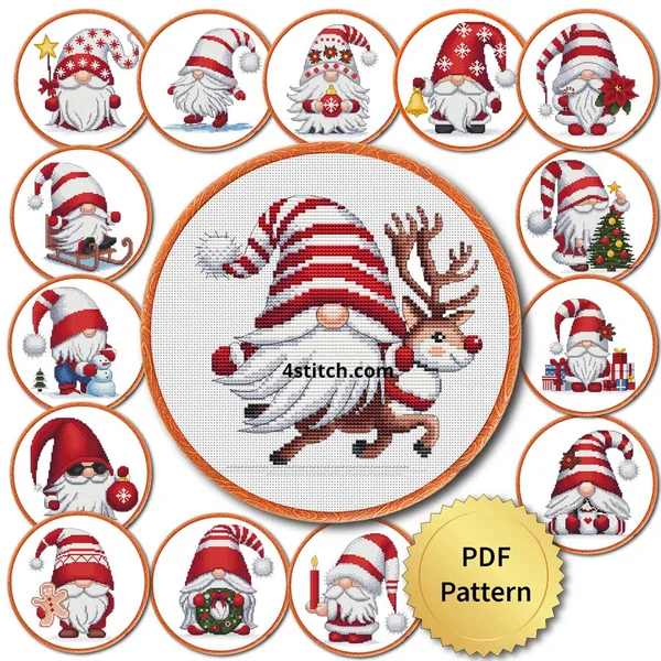 Fifteen Christmas gnome cross stitch designs shown in embroidery hoops with a gold PDF Pattern medal.
