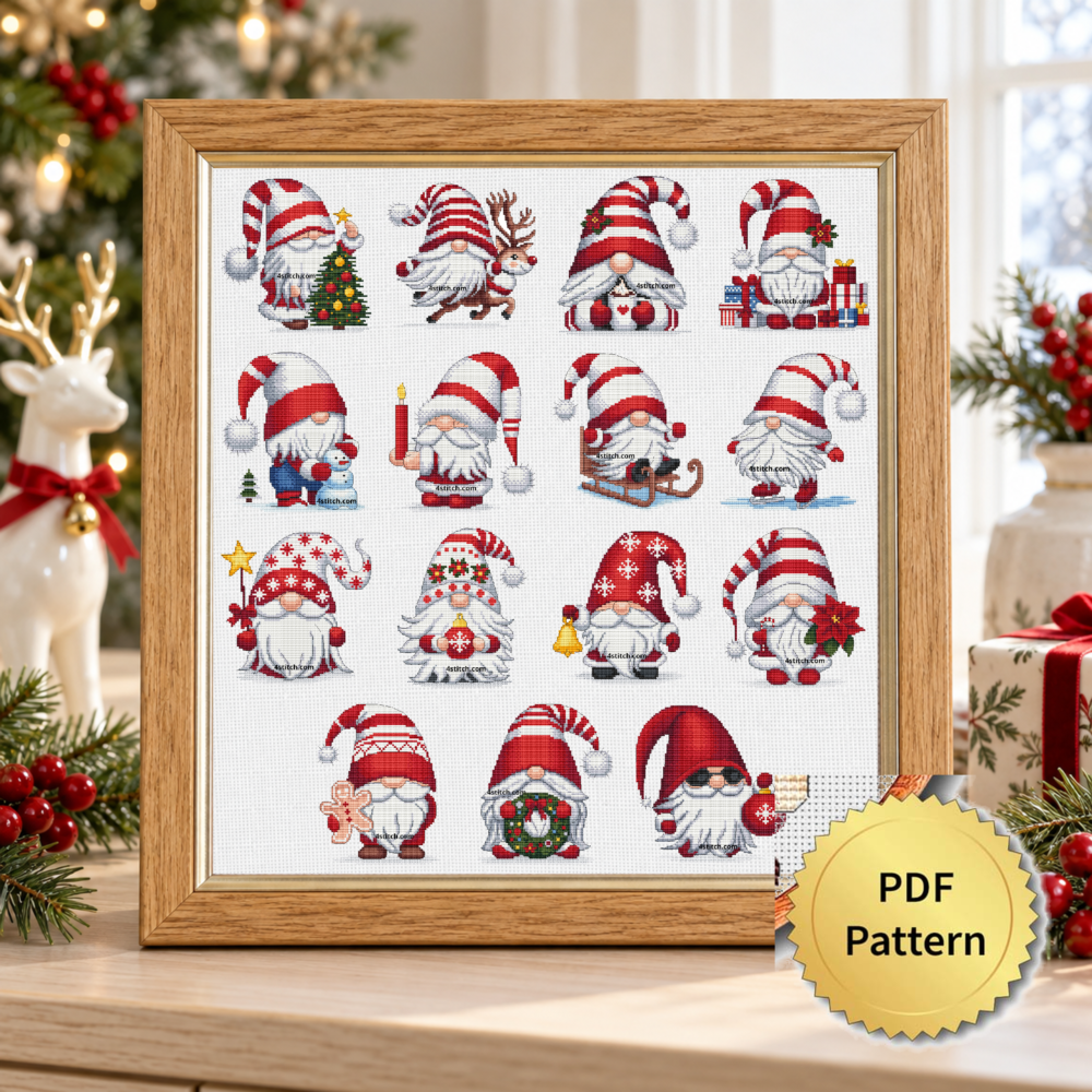 15 Classic Santa Gnomes Cross Stitch Pattern Set shown in a framed Christmas cross stitch display with a gold PDF Pattern medal.