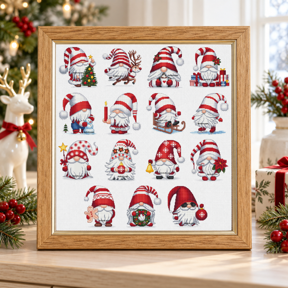 All 15 classic Santa Christmas gnome cross stitch designs on white Aida in an oak frame with a gold inner edge, in a bright Christmas interior.