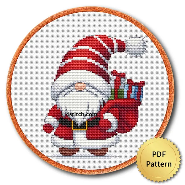 Santa Gift Sack Gnome cross stitch design in an embroidery hoop with a PDF Pattern medal