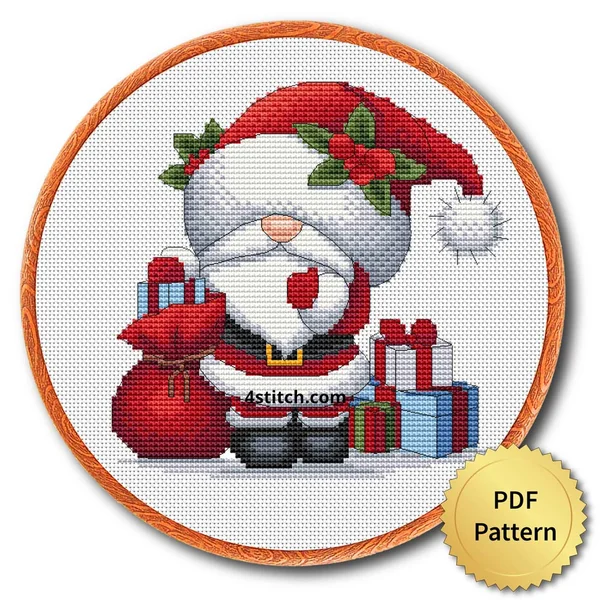 Santa Gifts Gnome cross stitch design in an embroidery hoop with a PDF Pattern medal