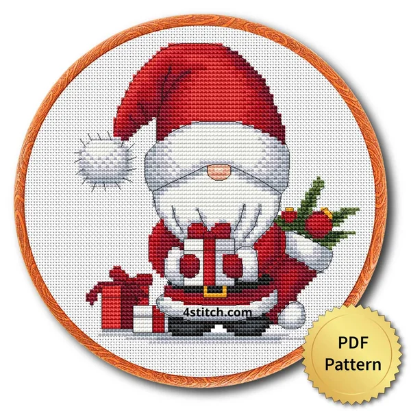 Santa Stocking Gifts Gnome cross stitch design in an embroidery hoop with a PDF Pattern medal