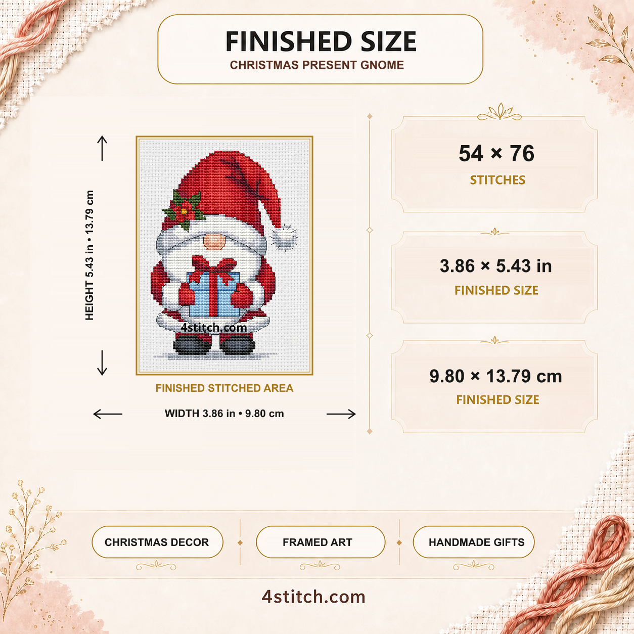 Finished size of the Christmas Present Gnome: 54 by 76 stitches, 3.86 by 5.43 inches or 9.80 by 13.79 centimeters on 14-count Aida.