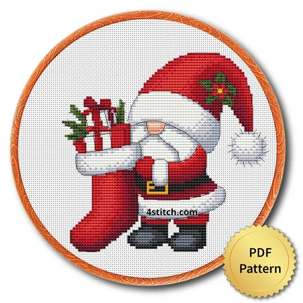 Christmas Stocking Santa Gnome cross stitch design in an embroidery hoop with a PDF Pattern medal