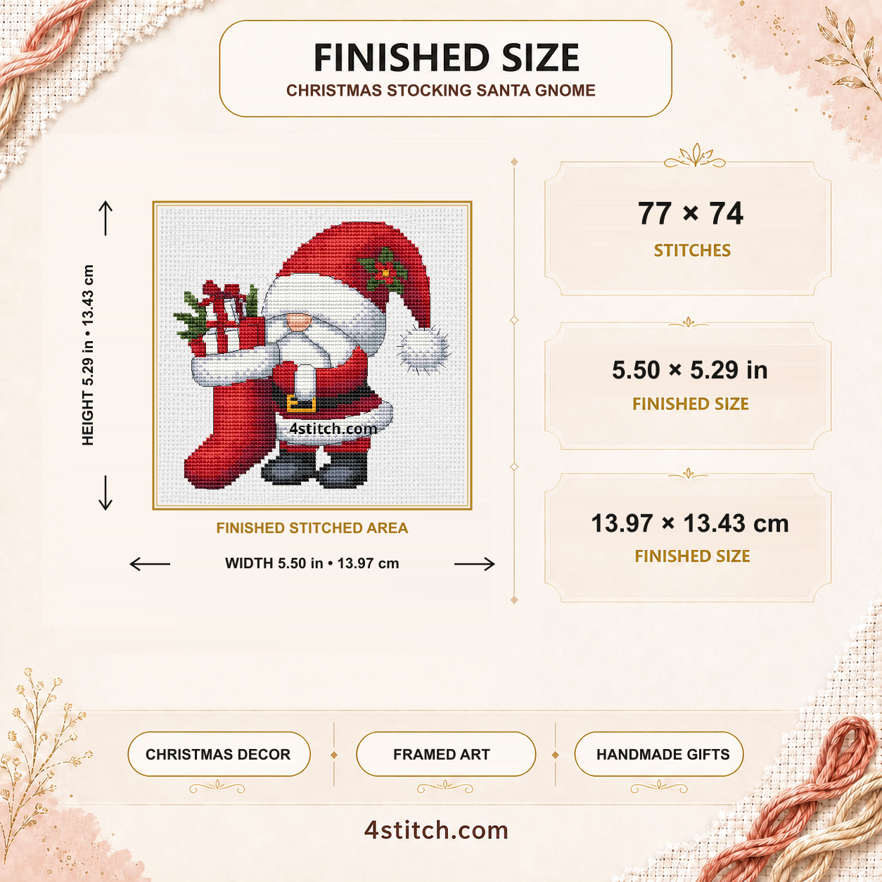 Finished size of the Christmas Stocking Santa Gnome: 77 by 74 stitches, 5.50 by 5.29 inches or 13.97 by 13.43 centimeters on 14-count Aida.