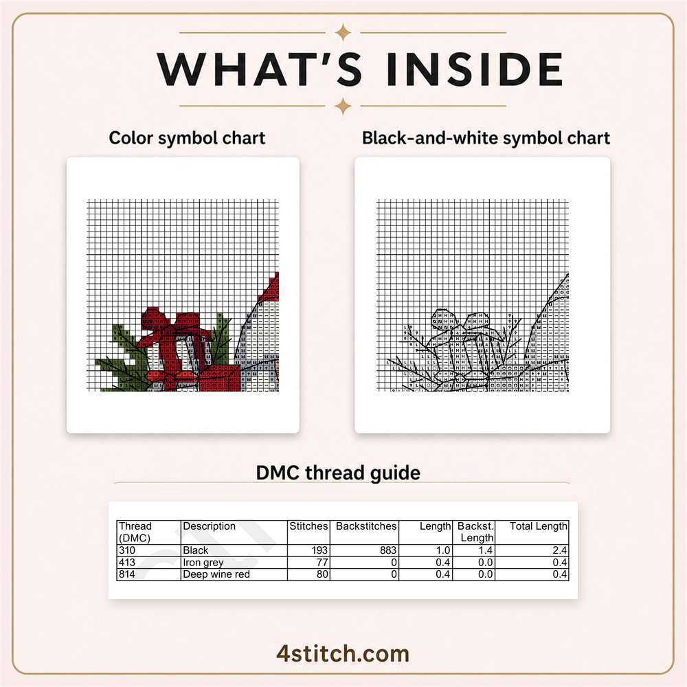 Partial color and black-and-white symbol charts and the first three DMC thread-guide rows for the Christmas Stocking Santa Gnome.