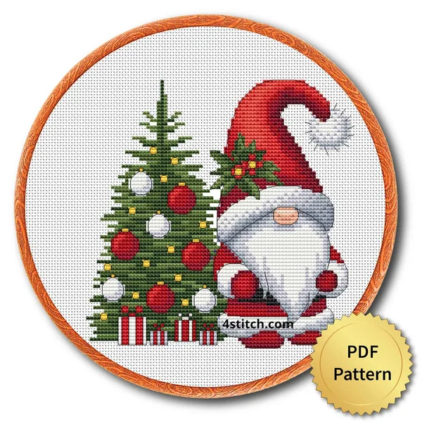 Santa Christmas Tree Gnome cross stitch design in an embroidery hoop with a PDF Pattern medal