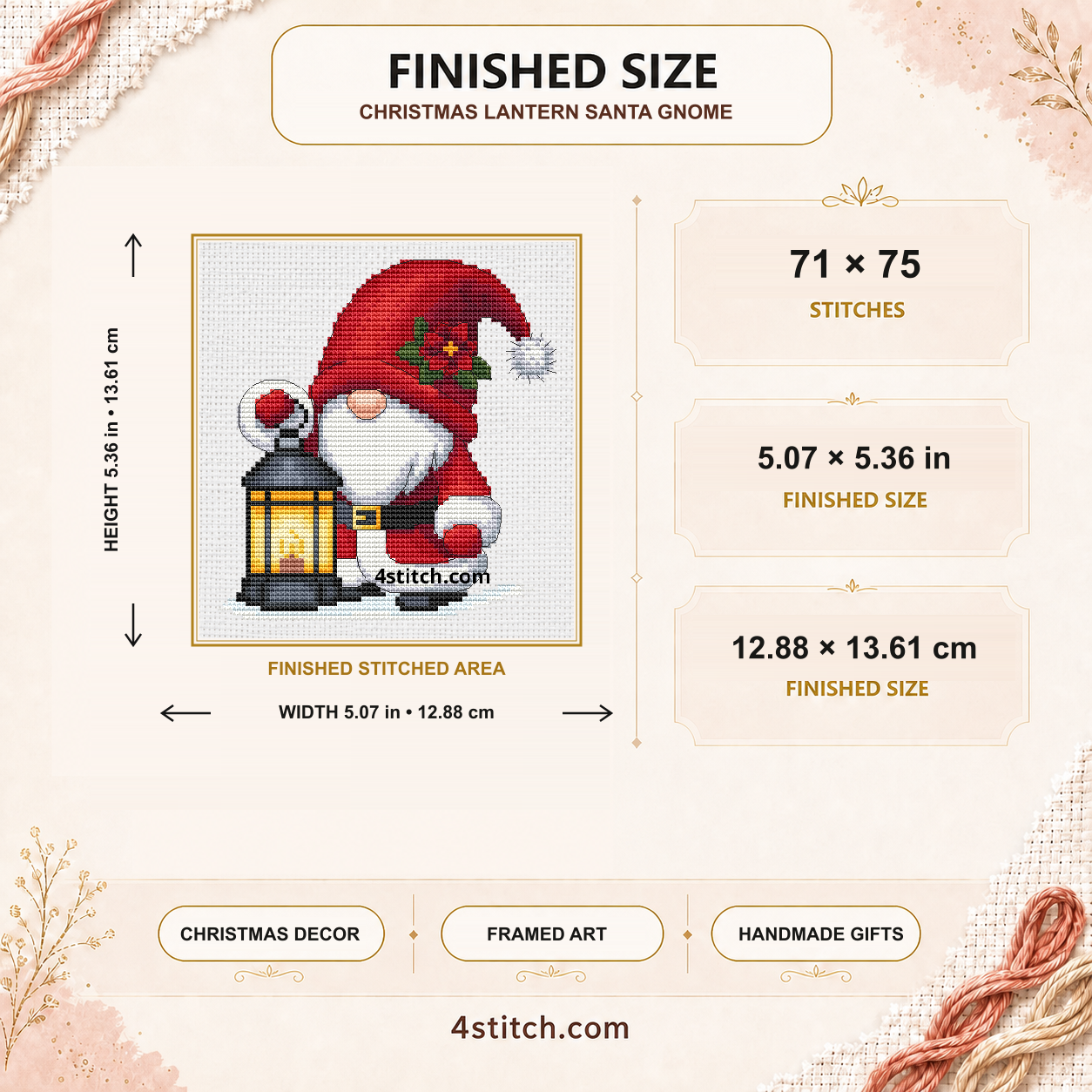 Finished size of the Christmas Lantern Santa Gnome: 71 by 75 stitches, 5.07 by 5.36 inches or 12.88 by 13.61 centimeters on 14-count Aida.