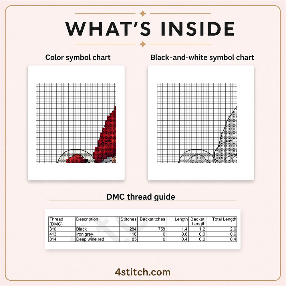 Partial color and black-and-white symbol charts and the first three DMC thread-guide rows for the Christmas Lantern Santa Gnome.