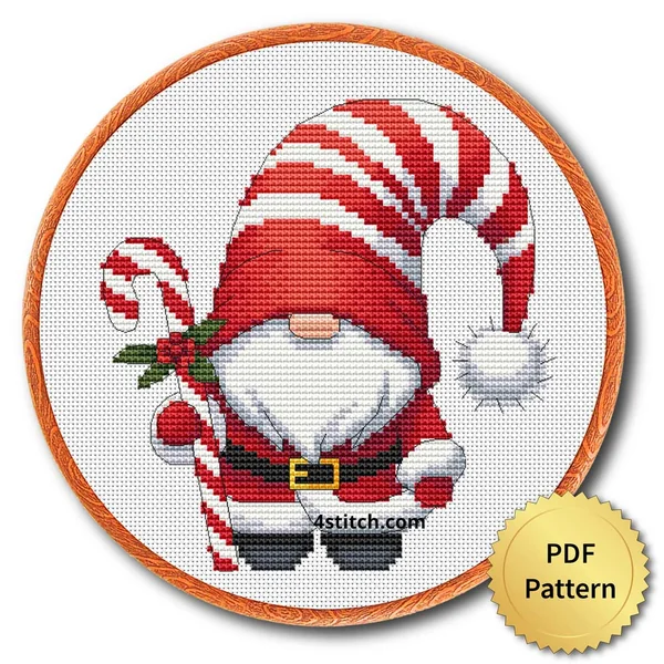 Candy Cane Santa Gnome cross stitch design in an embroidery hoop with a PDF Pattern medal
