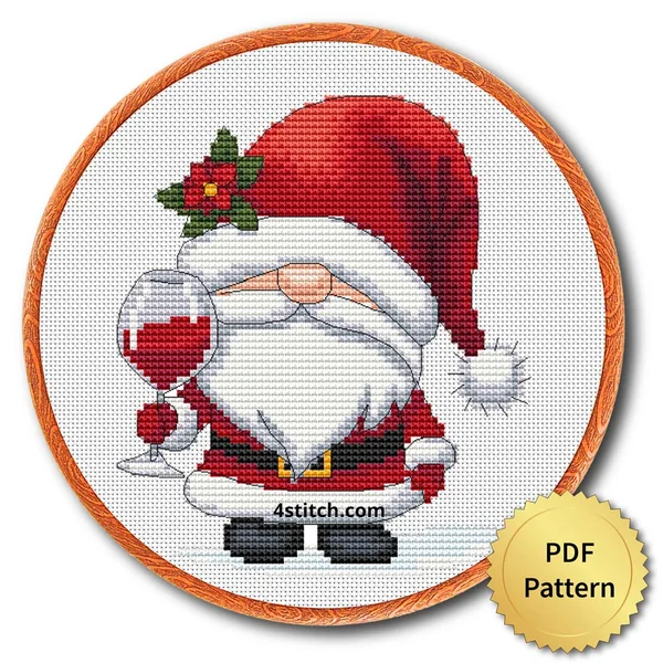 Wine Glass Santa Gnome cross stitch design in an embroidery hoop with a PDF Pattern medal