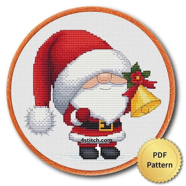 Jingle Bell Santa Gnome cross stitch design in an embroidery hoop with a PDF Pattern medal