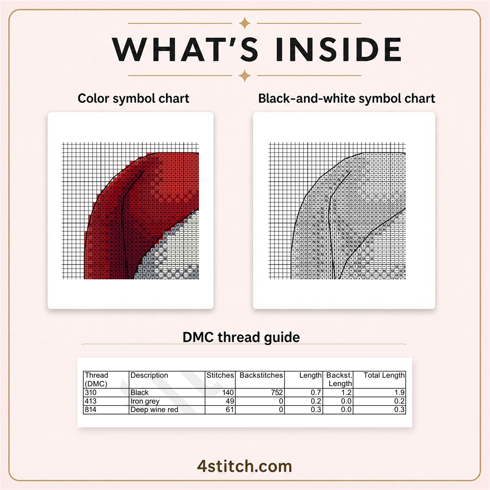 Partial color and black-and-white symbol charts and the first three DMC thread-guide rows for the Jingle Bell Santa Gnome.