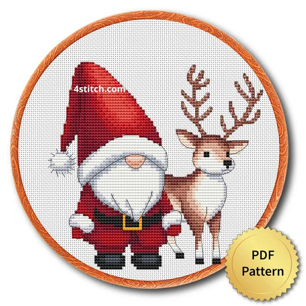 Reindeer Companion Santa Gnome cross stitch design in an embroidery hoop with a PDF Pattern medal