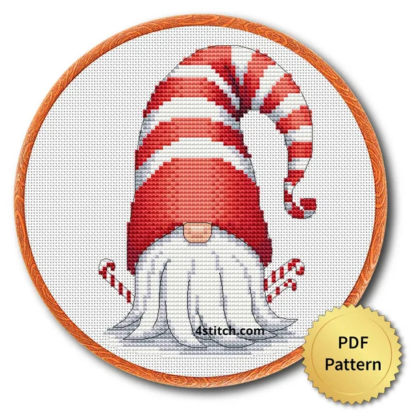 Candy Cane Beard Gnome cross stitch design in an embroidery hoop with a PDF Pattern medal