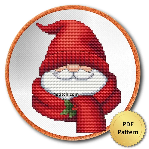 Cozy Scarf Santa Gnome cross stitch design in an embroidery hoop with a PDF Pattern medal