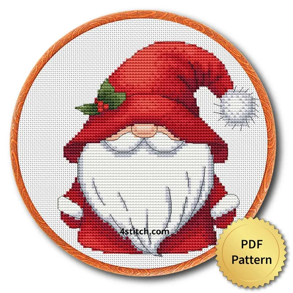 Holly Beard Santa Gnome cross stitch design in an embroidery hoop with a PDF Pattern medal