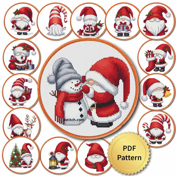 15 Santa Gnomes Series 2 cross stitch pattern set in embroidery hoops with a PDF Pattern medal