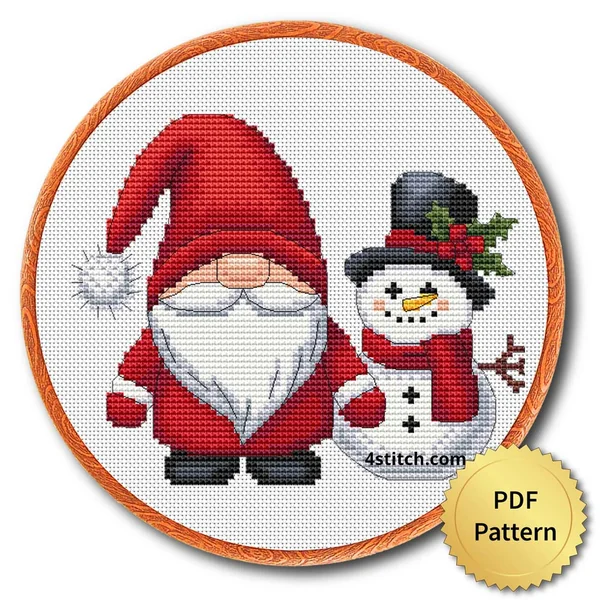 Snowman Companion Gnome cross stitch design in an embroidery hoop with a PDF Pattern medal
