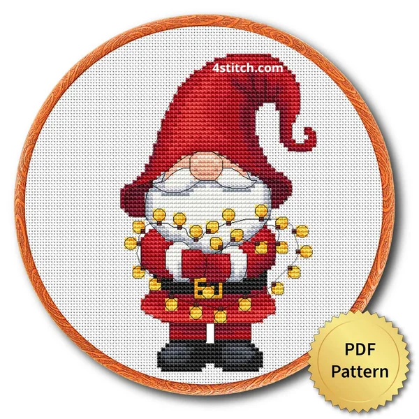 Christmas Lights Santa Gnome cross stitch design in an embroidery hoop with a PDF Pattern medal