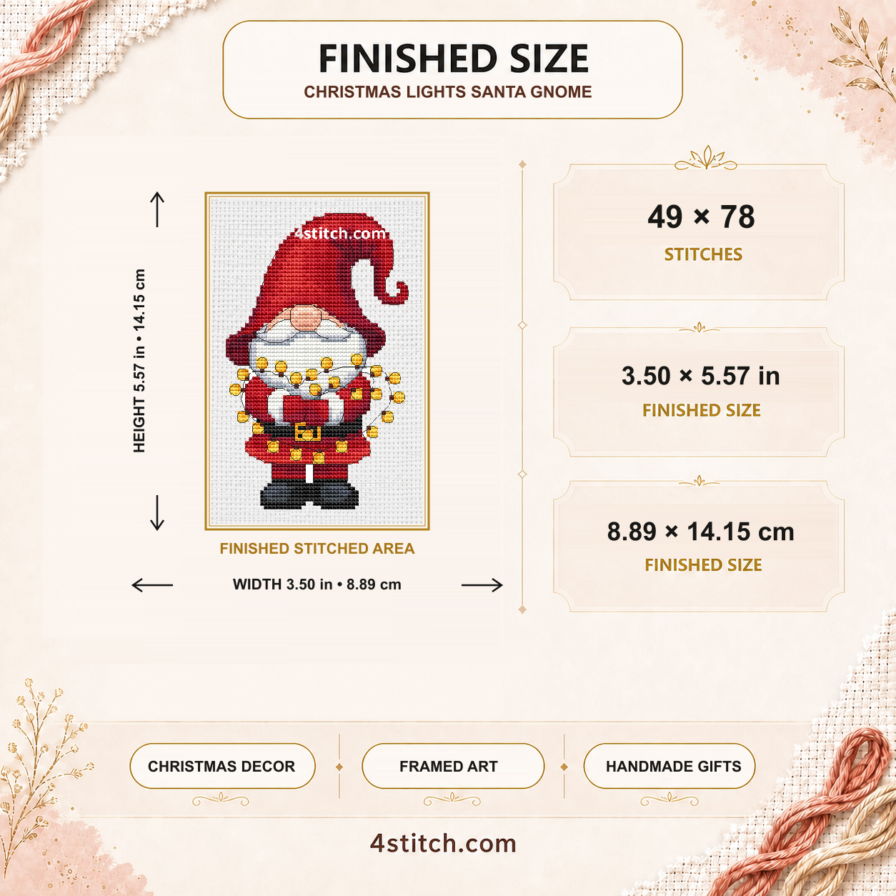 Christmas Lights Santa Gnome finished size: 49 by 78 stitches, 3.50 by 5.57 inches or 8.89 by 14.15 centimetres on 14-count Aida.