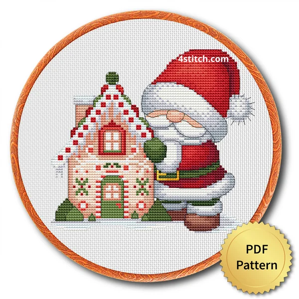 Gingerbread House Santa Gnome cross stitch design in an embroidery hoop with a PDF Pattern medal