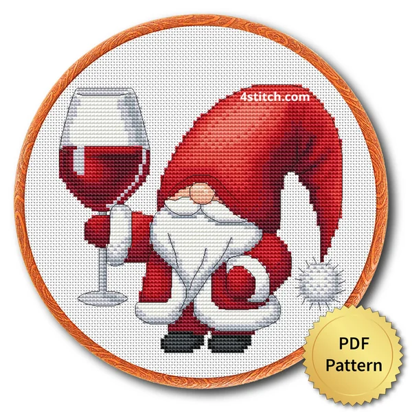 Christmas Toast Santa Gnome cross stitch design in an embroidery hoop with a PDF Pattern medal