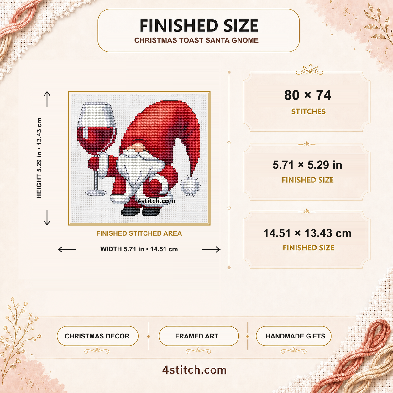 Christmas Toast Santa Gnome finished size: 80 by 74 stitches, 5.71 by 5.29 inches or 14.51 by 13.43 centimetres on 14-count Aida.
