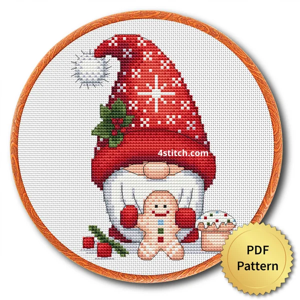 Gingerbread Cookie Gnome cross stitch design in an embroidery hoop with a PDF Pattern medal