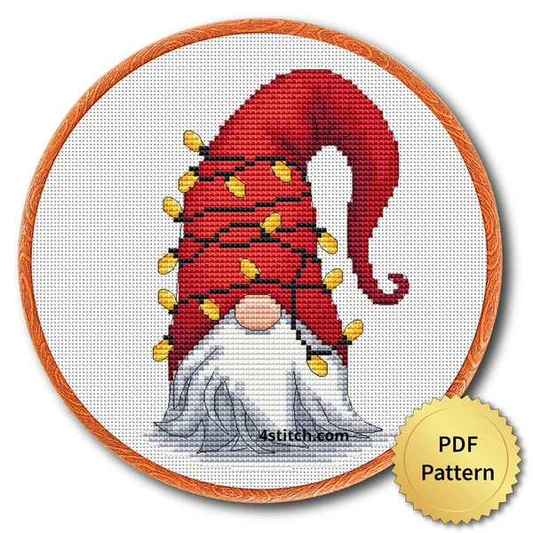 Christmas Light Hat Gnome cross stitch design in an embroidery hoop with a PDF Pattern medal