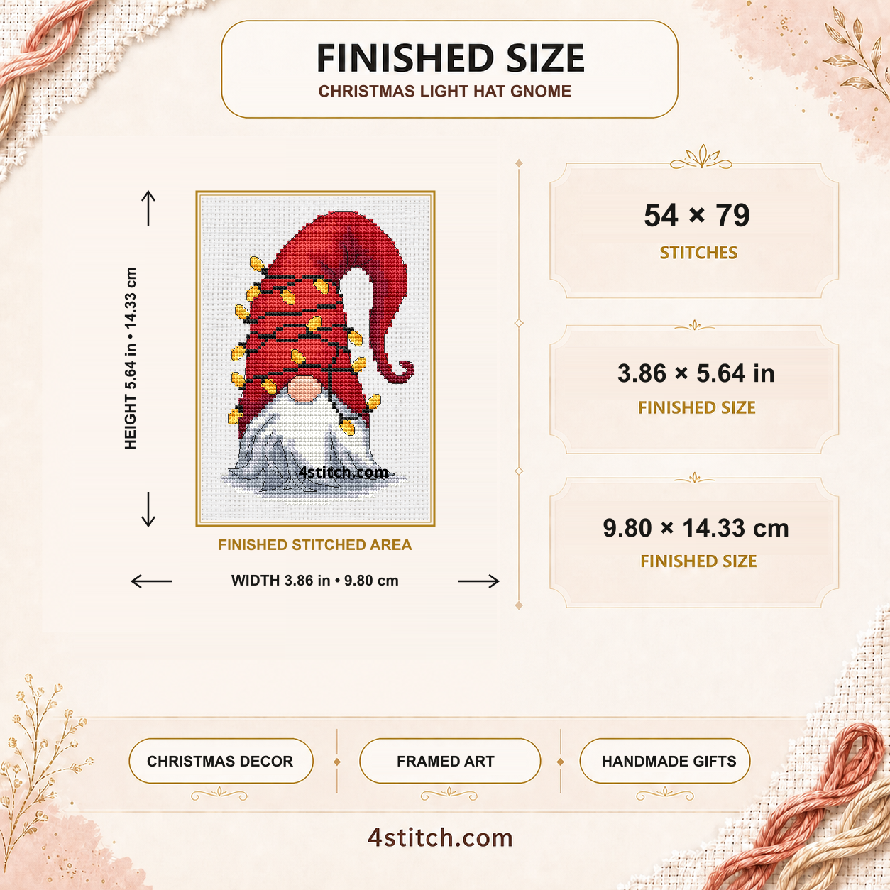 Christmas Light Hat Gnome finished size: 54 by 79 stitches, 3.86 by 5.64 inches or 9.80 by 14.33 centimetres on 14-count Aida.