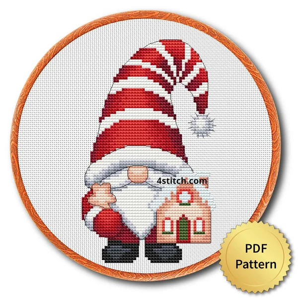 Striped Hat Gingerbread Gnome cross stitch design in an embroidery hoop with a PDF Pattern medal