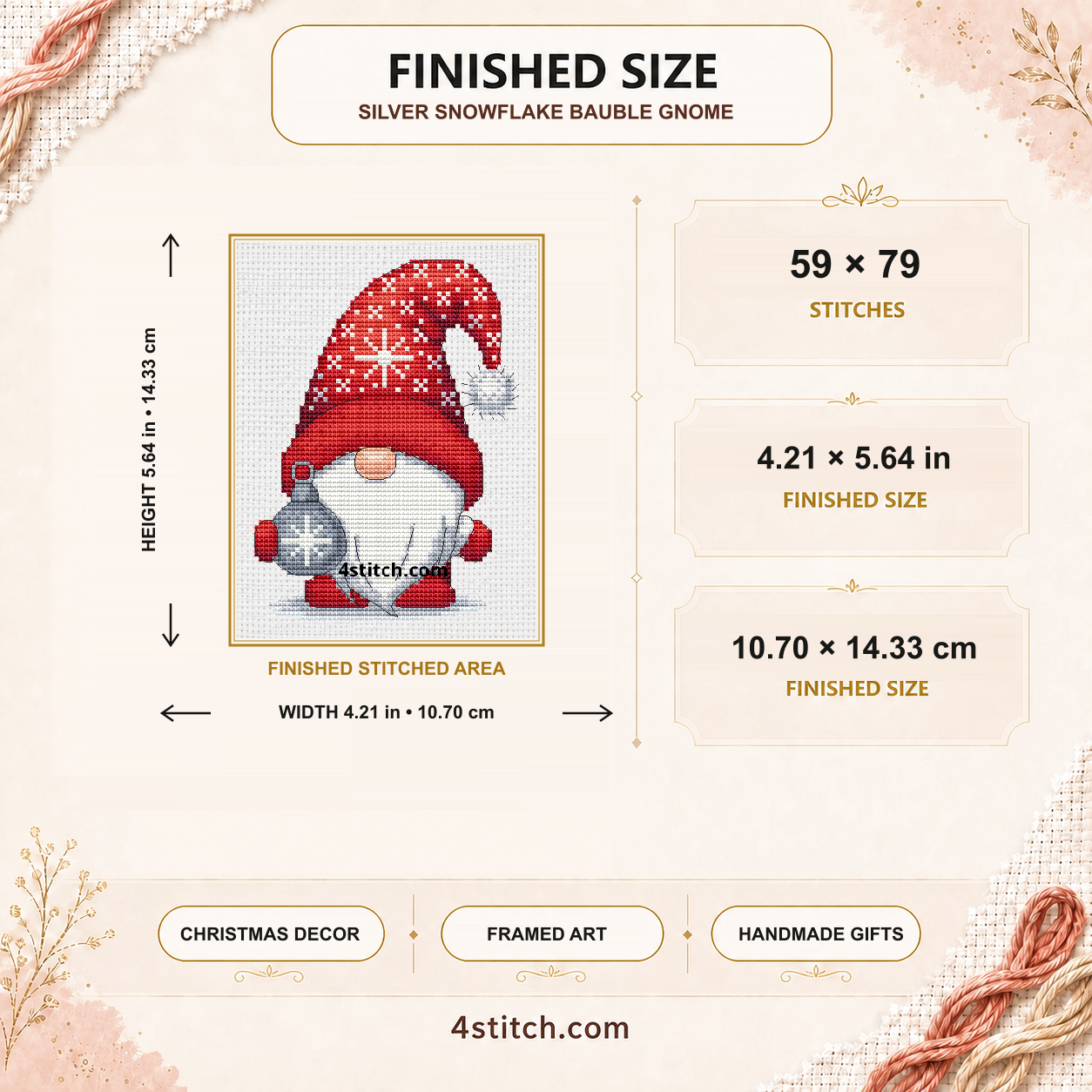 Silver Snowflake Bauble Gnome finished size: 59 by 79 stitches, 4.21 by 5.64 inches or 10.70 by 14.33 centimetres on 14-count Aida.