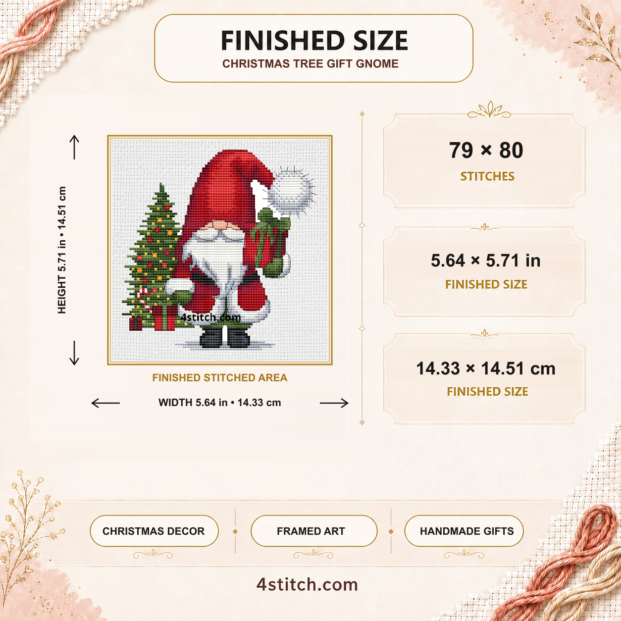 Christmas Tree Gift Gnome finished size: 79 by 80 stitches, 5.64 by 5.71 inches or 14.33 by 14.51 centimetres on 14-count Aida.