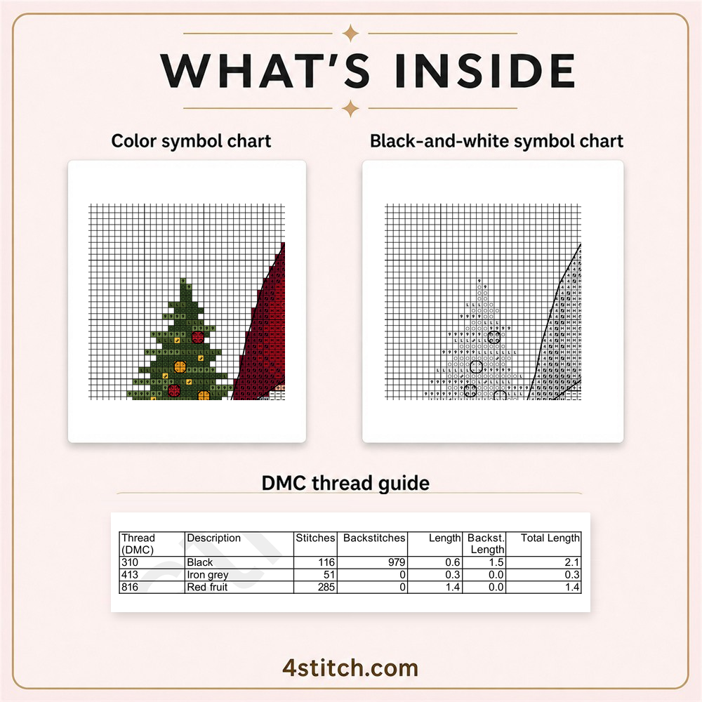 Protected partial color and black-and-white symbol charts with the first three DMC thread-guide rows for Christmas Tree Gift Gnome.