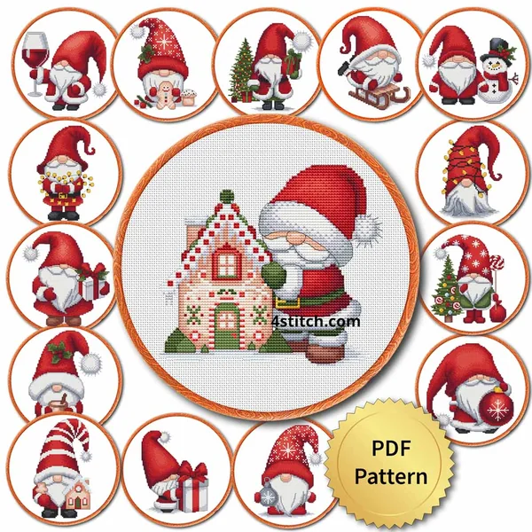 15 Santa Gnomes Series 3 cross stitch pattern set in embroidery hoops with a PDF Pattern medal