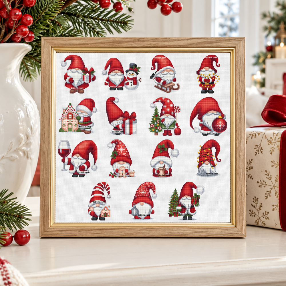 All 15 Santa gnome designs from Christmas Series 3 on continuous white Aida in a light oak frame in a bright Christmas interior.