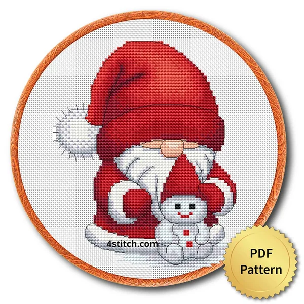 Snowman Hug Santa Gnome cross stitch design in an embroidery hoop with a PDF Pattern medal