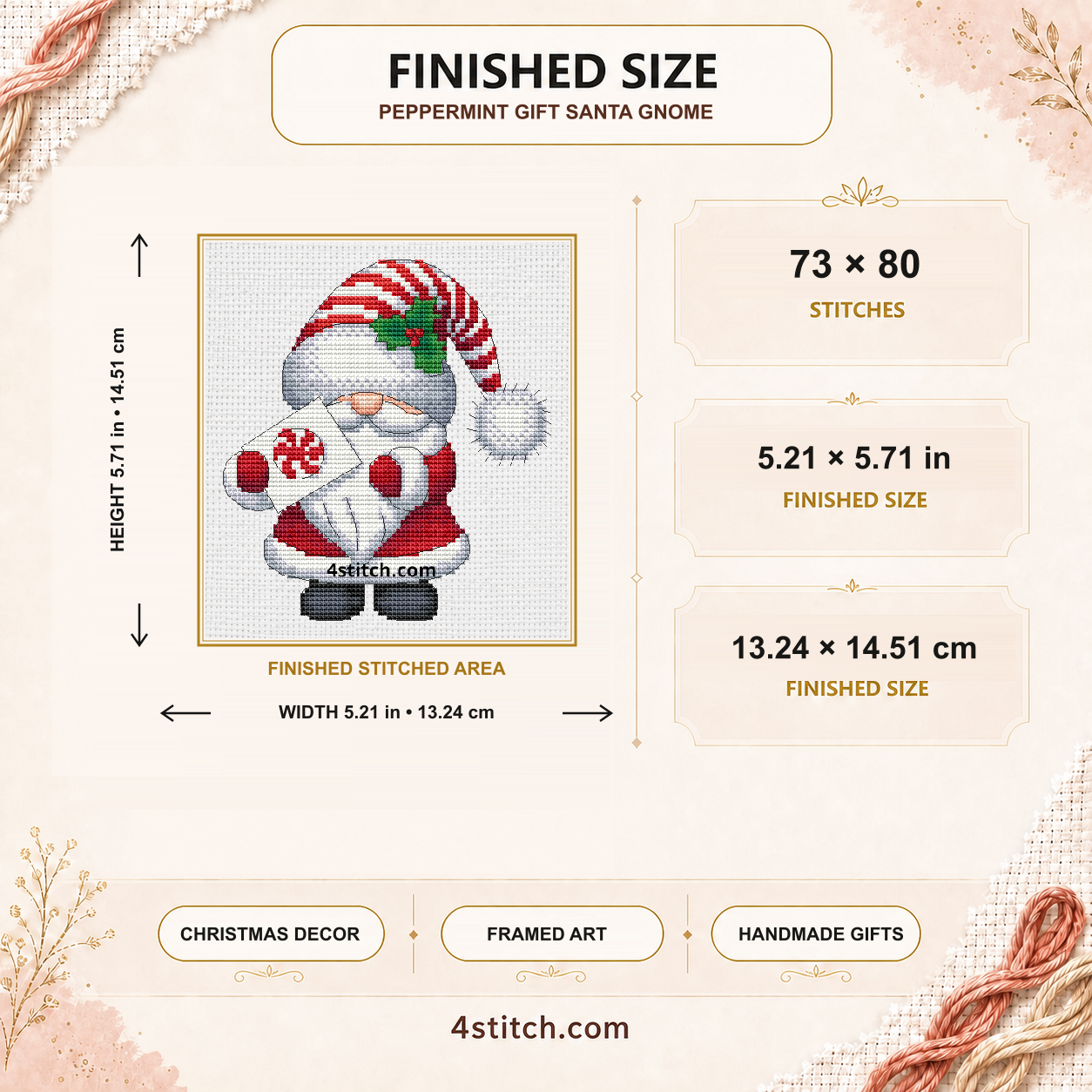 Peppermint Gift Santa Gnome finished size: 73 by 80 stitches, 5.21 by 5.71 inches or 13.24 by 14.51 centimetres on 14-count Aida.