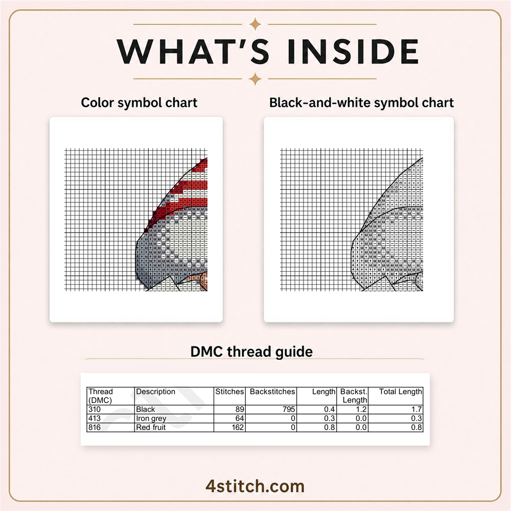Protected partial color and black-and-white symbol charts with the first three DMC thread-guide rows for Peppermint Gift Santa Gnome.