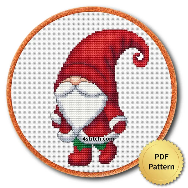 Curled Hat Santa Gnome cross stitch design in an embroidery hoop with a PDF Pattern medal