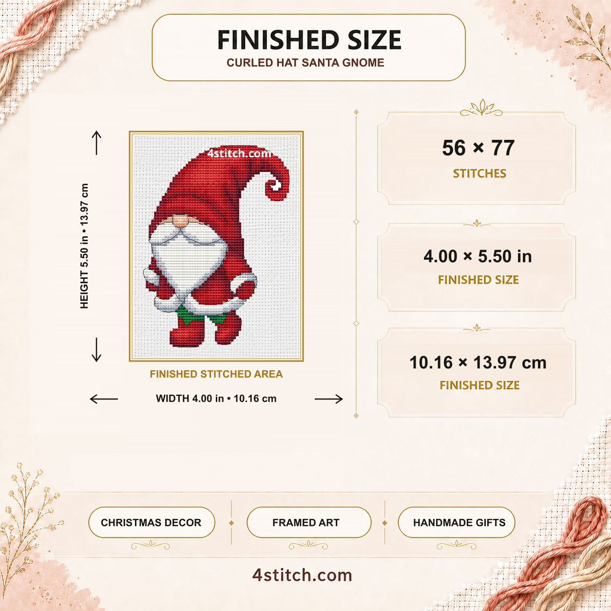 Curled Hat Santa Gnome finished size: 56 by 77 stitches, 4.00 by 5.50 inches or 10.16 by 13.97 centimetres on 14-count Aida.