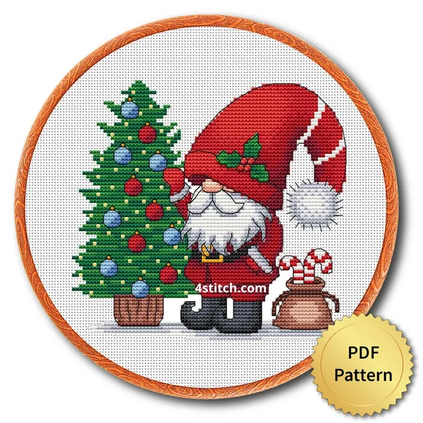 Christmas Tree Ornaments Gnome cross stitch design in an embroidery hoop with a PDF Pattern medal